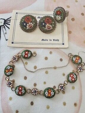 Vintage Floral Micro-Mosaic Jewelry Set - Green